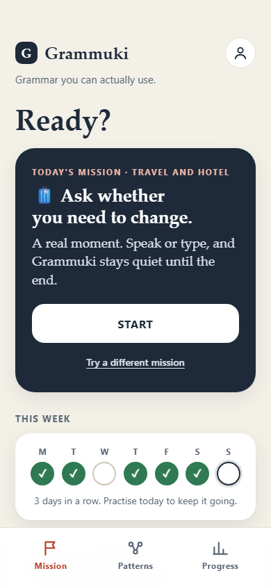 The Grammuki app's home screen, showing today's mission and a weekly practice streak